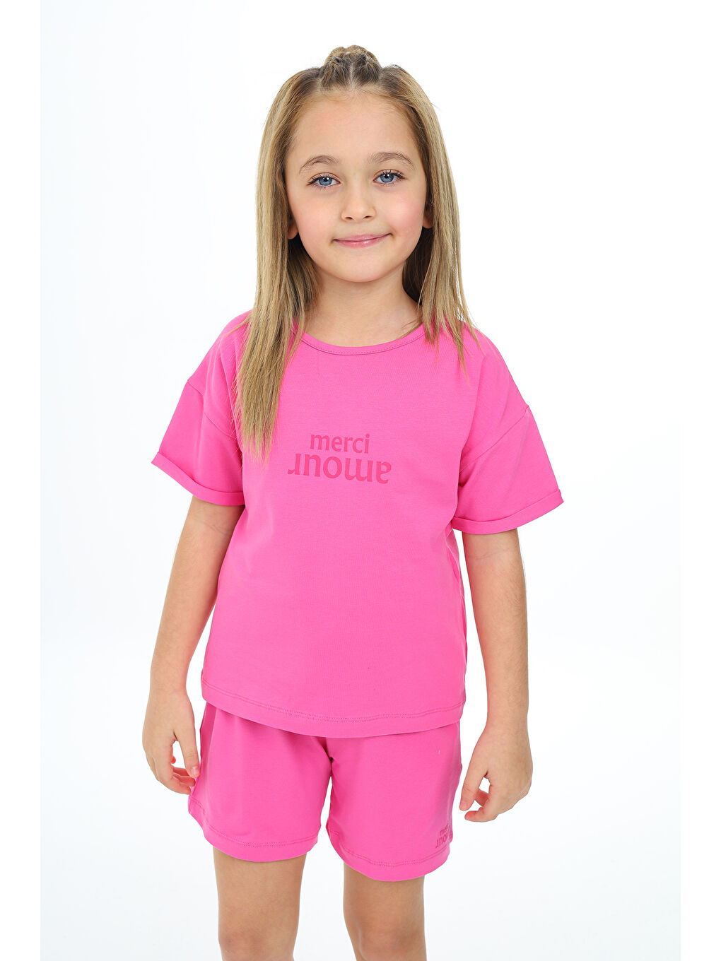 Fuşya Kız Çocuk Baskılı Şortlu Takım-1