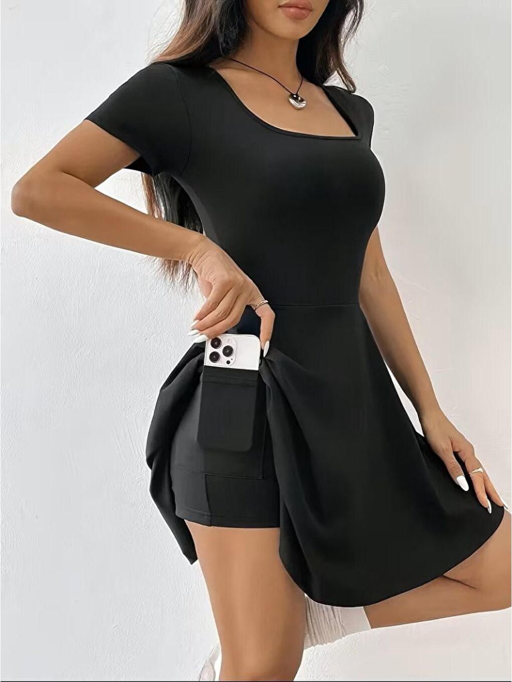 Siyah Kadın Kısa Kollu Kare Yakalı Cep Detaylı Dalgıç Elbise Tulum-2