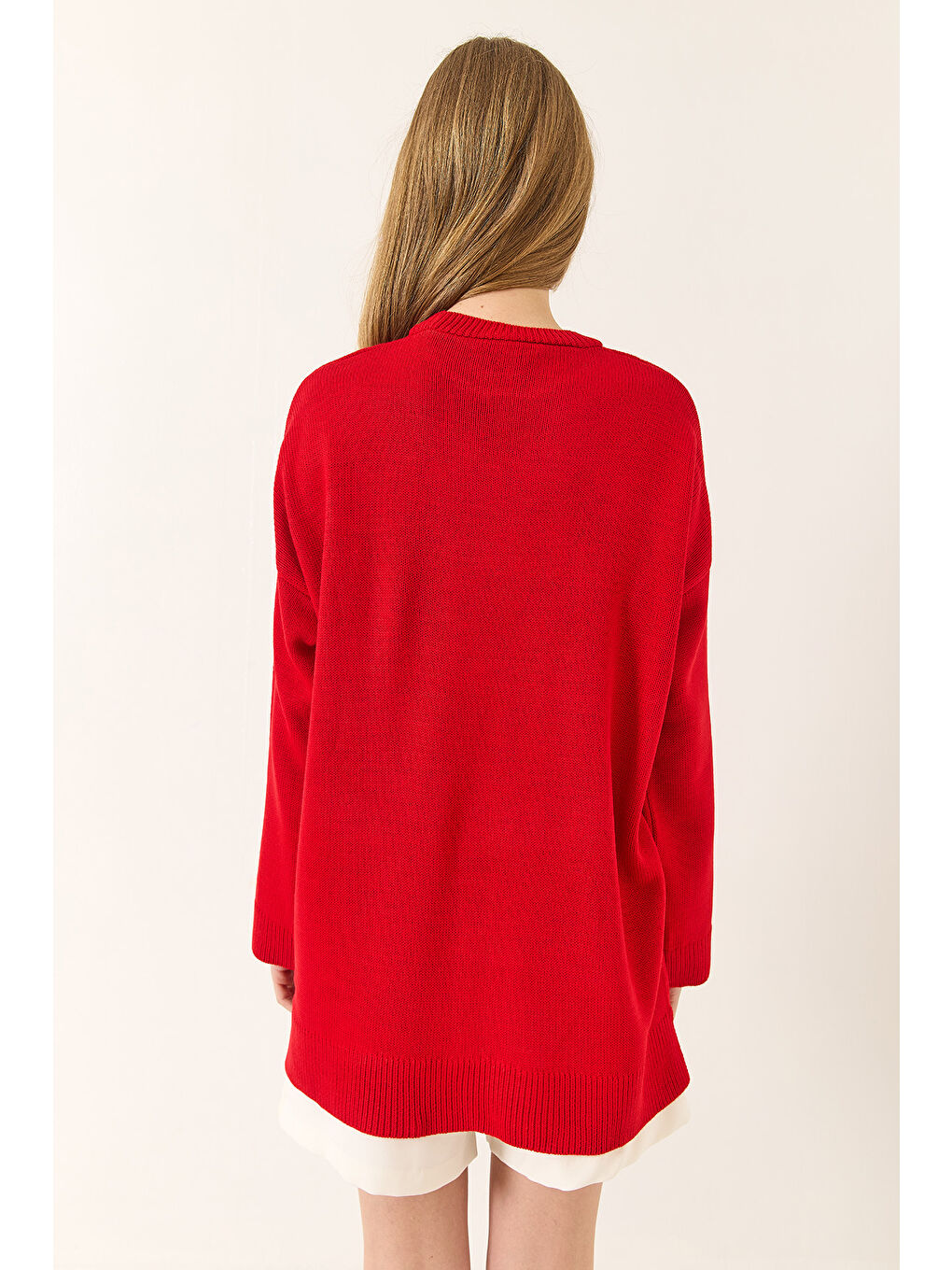 Kırmızı Kadın Bisiklet Yaka Oversize Uzun Kazak-7