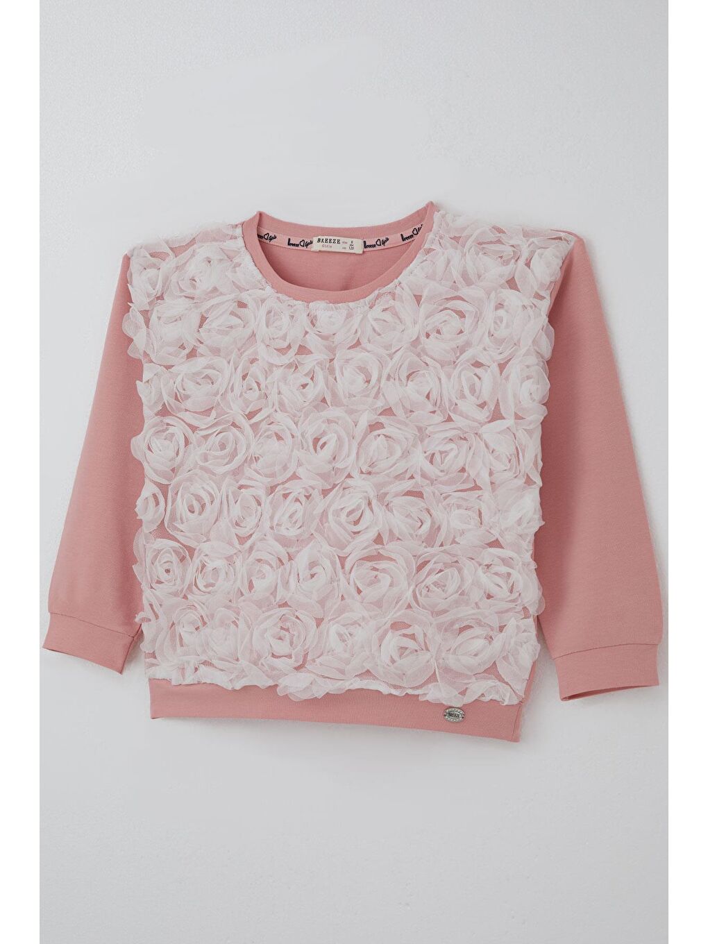Pembe Kız Çocuk Sweatshirt Organze Kabartmalı Gül Detaylı Gülkurusu (6-12 Yaş)-3