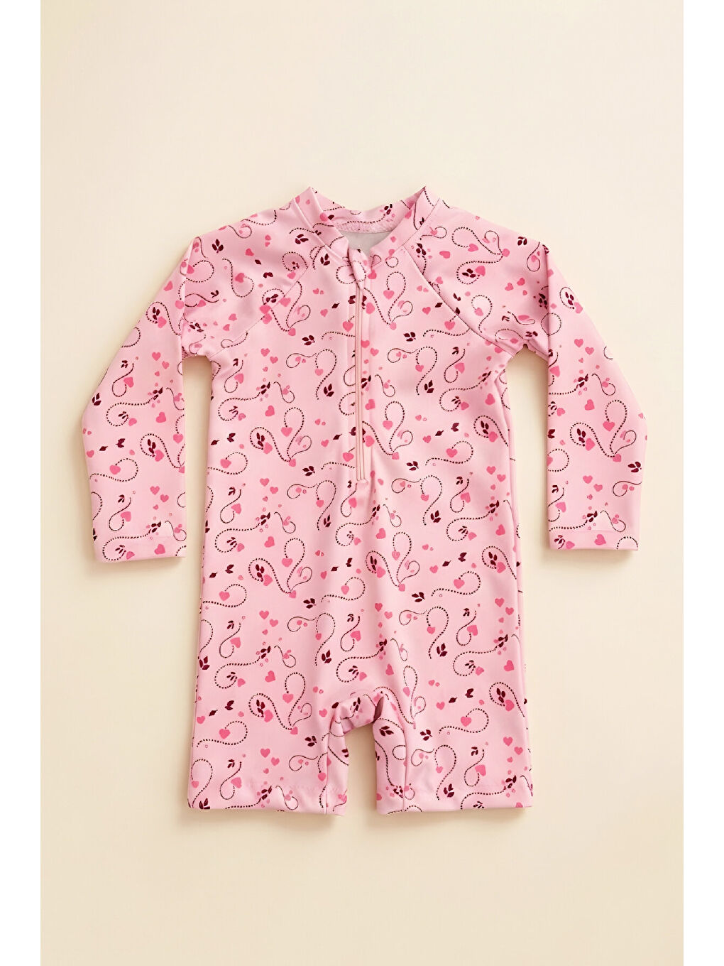 Pembe Kız Bebek Tulum Mayo-Uzun Kollu ve Fermuarlı 9-24 Ay 12627B-1