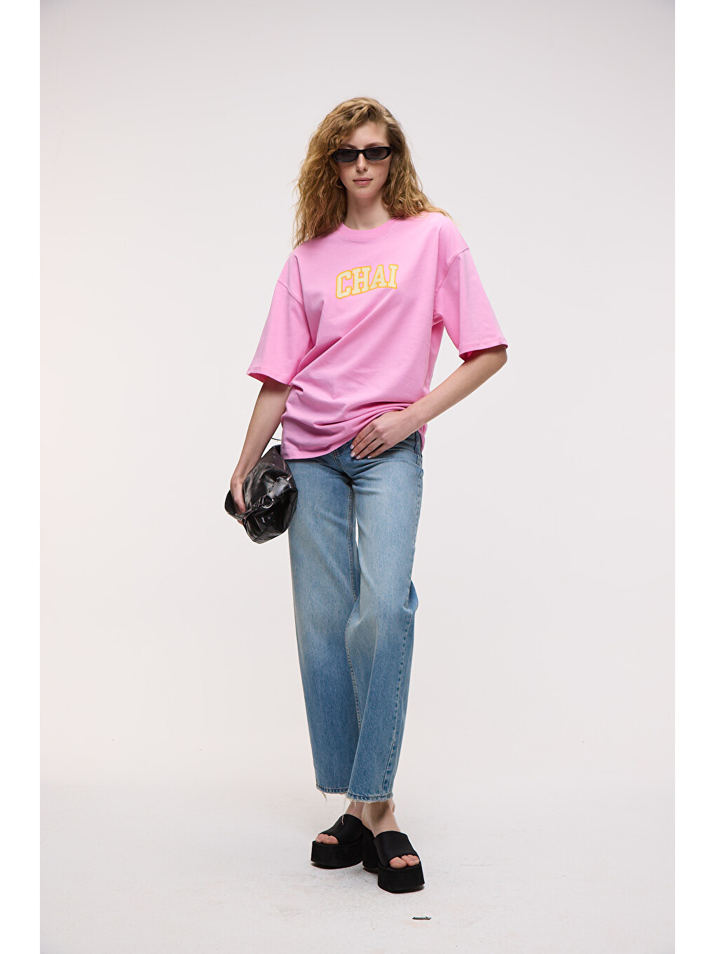 Gojı Kadın %100 Pamuk Baskılı Oversize Fit Bisiklet Yaka Kısa Kollu Pembe T-shirt