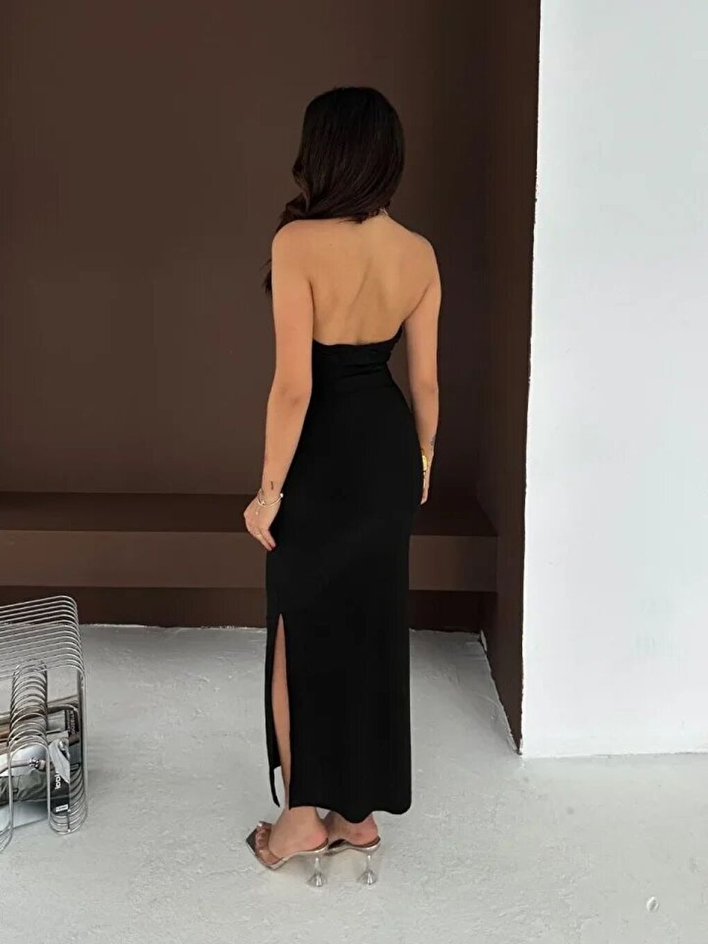 Uzun Abiye Elbise Yırtmaçlı Sırt Dekolteli Gece Elbisesi - Siyah-2