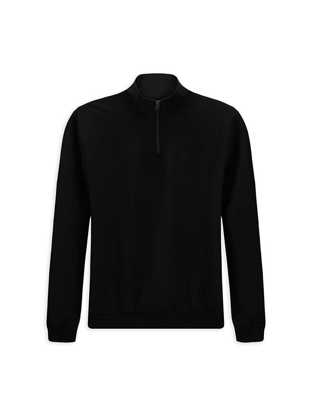Siyah Yarım Balıkçı Yaka Regular Fit Nakışlı Fermuarlı Pamuklu Büyük Beden Sweatshirt