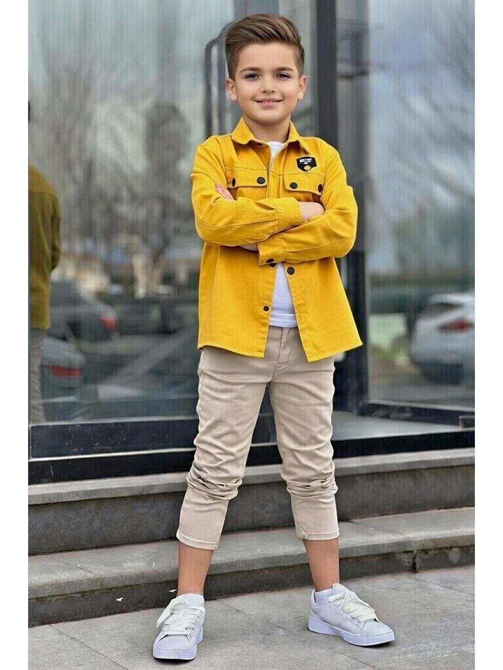 Erkek Çocuk Sırt Baskılı ÇıtÇıt Düğmeli Sarı Gömlek Dar Kesim Pantolon Alt Üst Takım