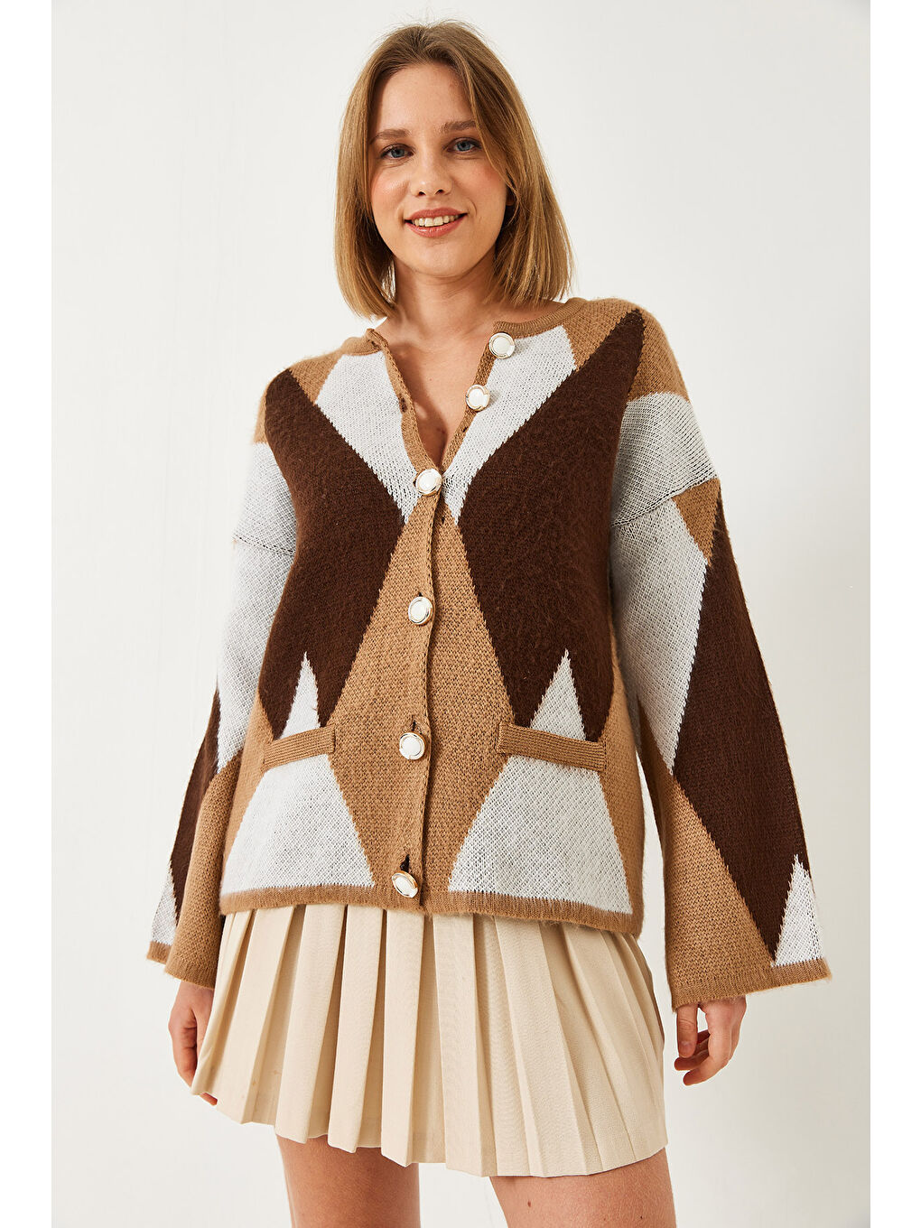 Kahverengi Kadın Baklava Desenli Oversize Triko Hırka-1