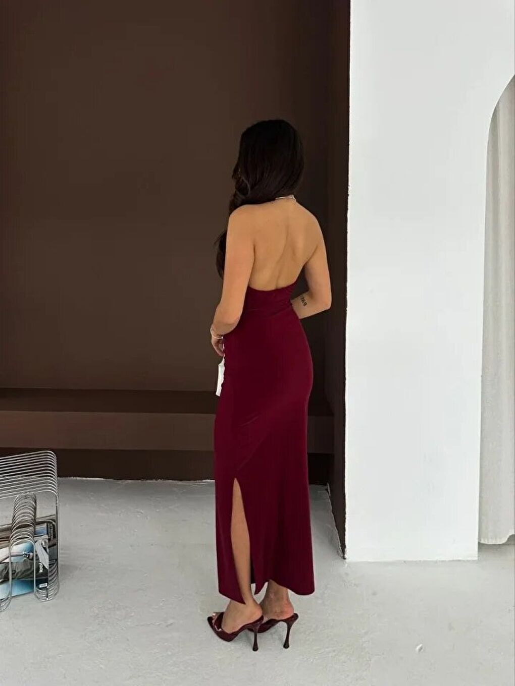 Uzun Abiye Elbise Yırtmaçlı Sırt Dekolteli Gece Elbisesi - Bordo-1