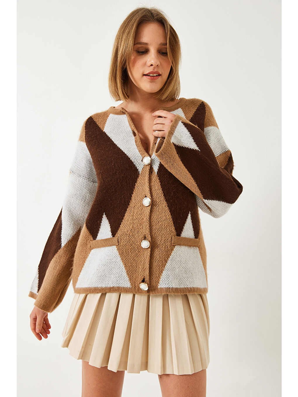 Kahverengi Kadın Baklava Desenli Oversize Triko Hırka-2