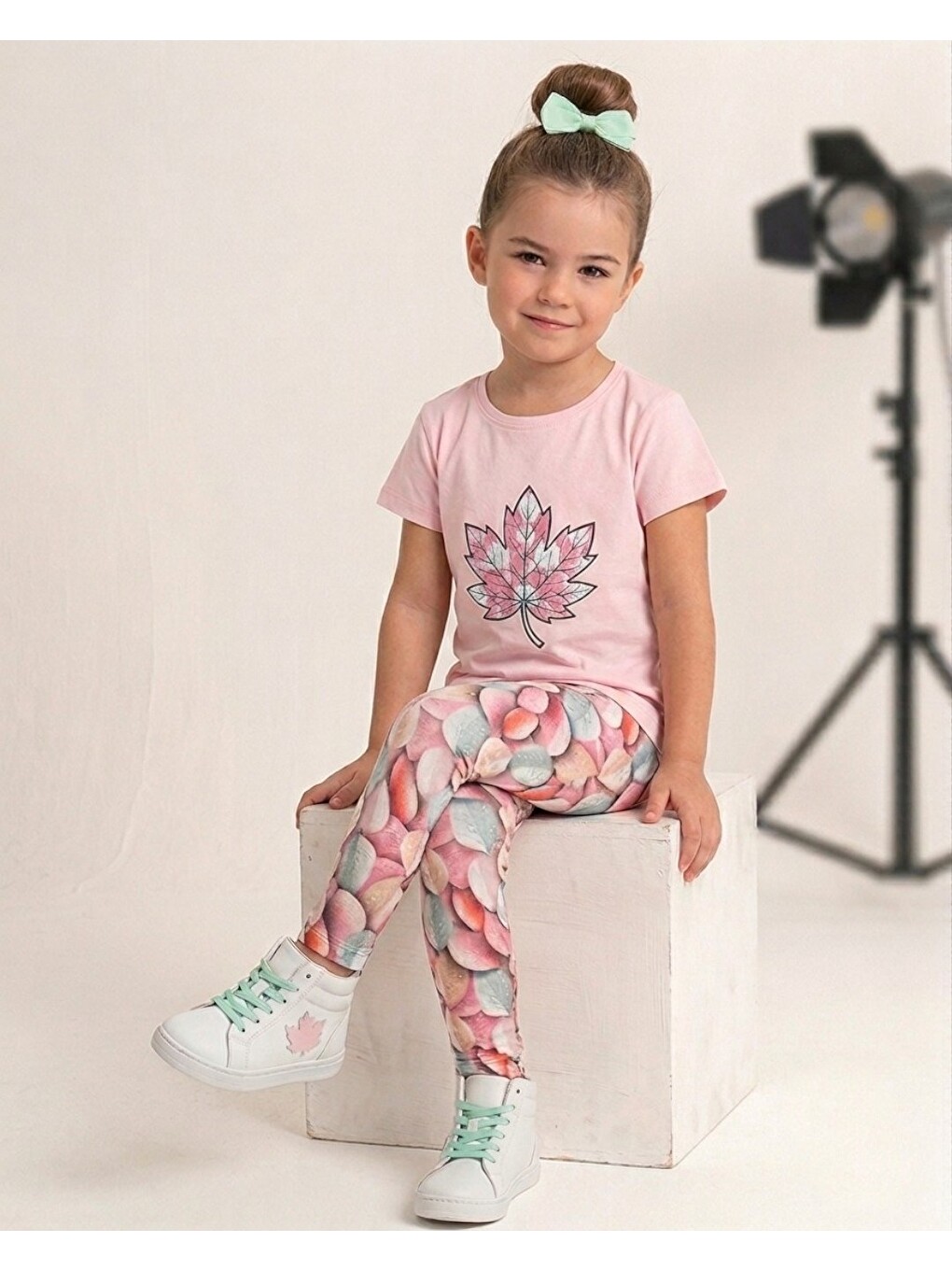 Pembe Kız Çocuk Yazlık Taytlı Baskılı T-shirtlü 2-3-4-5-6-7-8-9 Yaş 2'li Takım-1