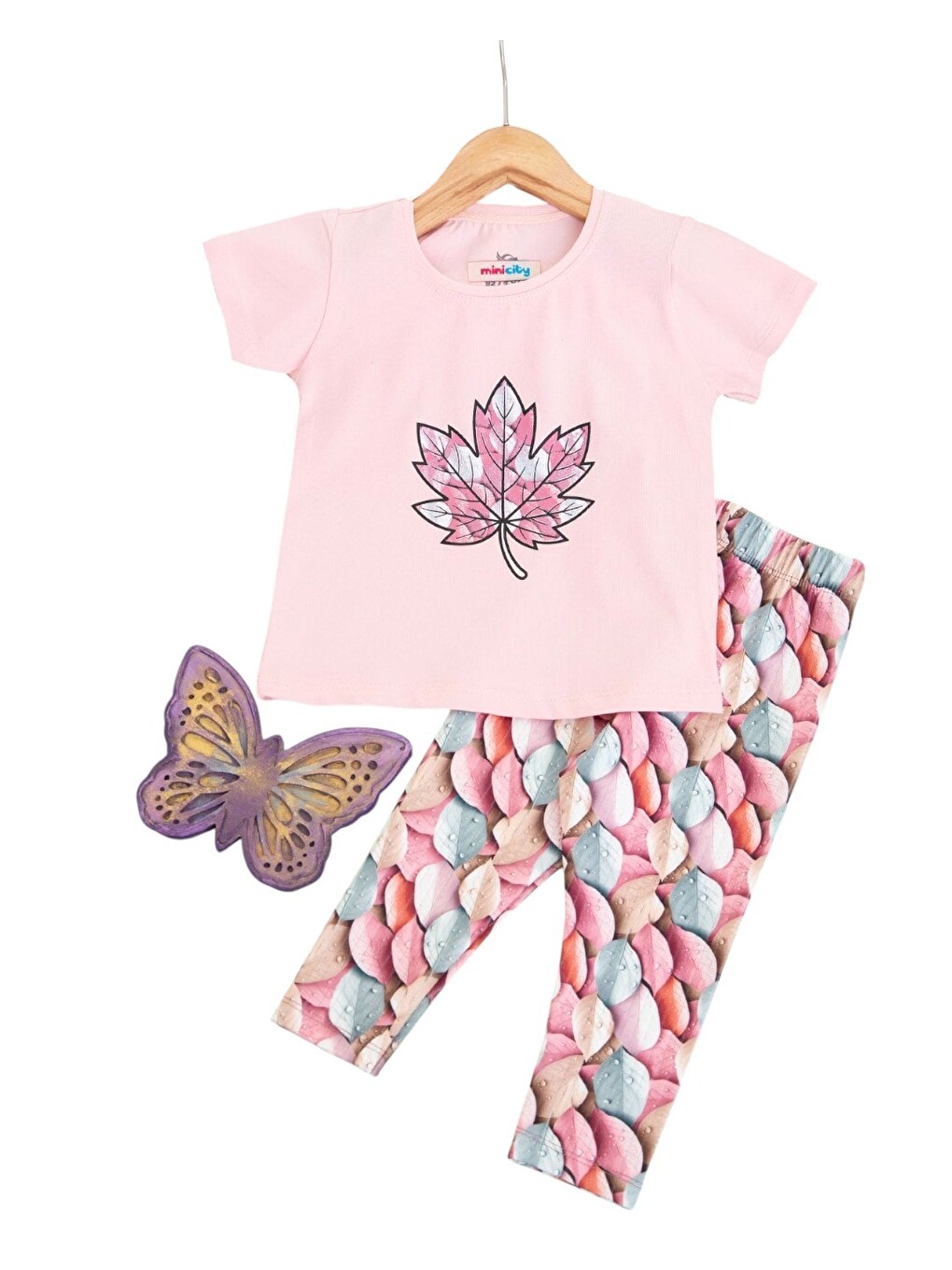 Pembe Kız Çocuk Yazlık Taytlı Baskılı T-shirtlü 2-3-4-5-6-7-8-9 Yaş 2'li Takım-2