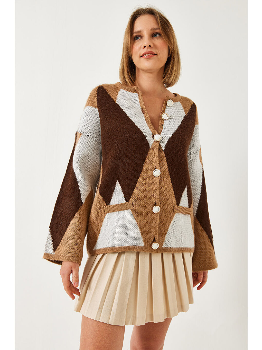 Kahverengi Kadın Baklava Desenli Oversize Triko Hırka-3