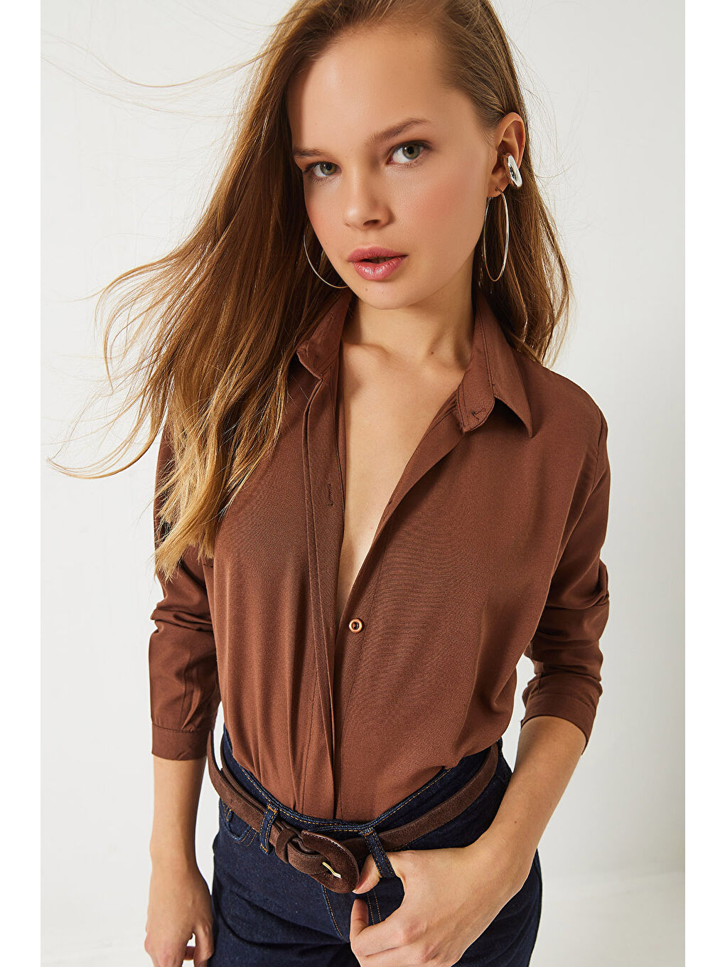 Kahverengi Kadın Regular Kalıp Basic Gömlek