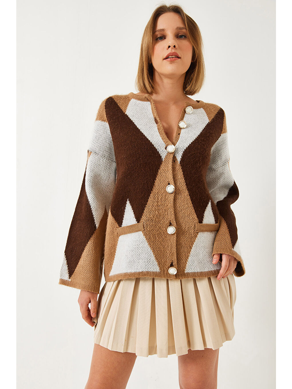 Kahverengi Kadın Baklava Desenli Oversize Triko Hırka-4