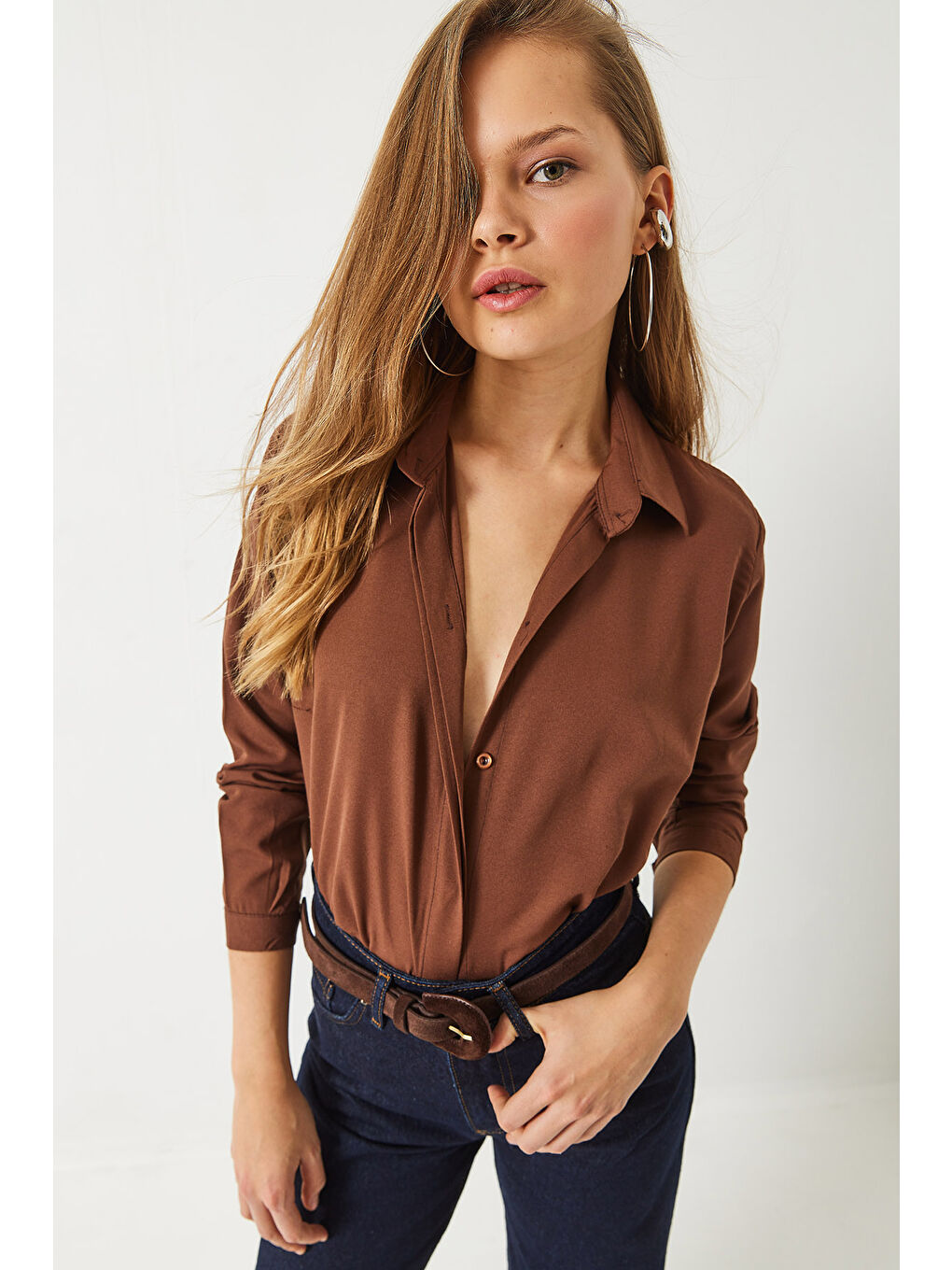 Kahverengi Kadın Regular Kalıp Basic Gömlek-1