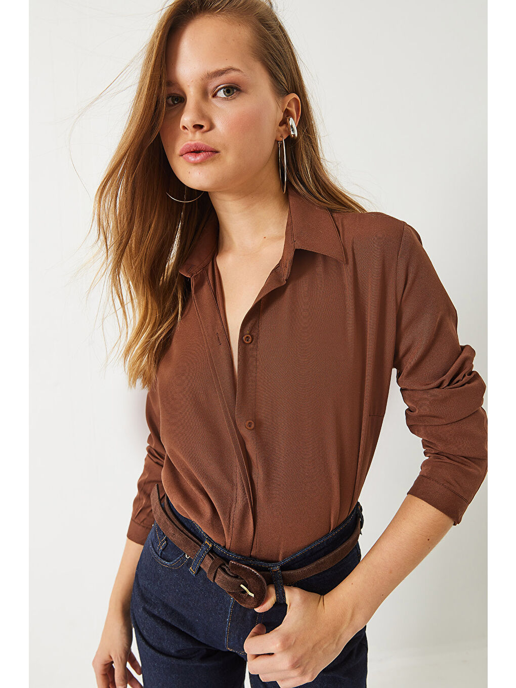 Kahverengi Kadın Regular Kalıp Basic Gömlek-2