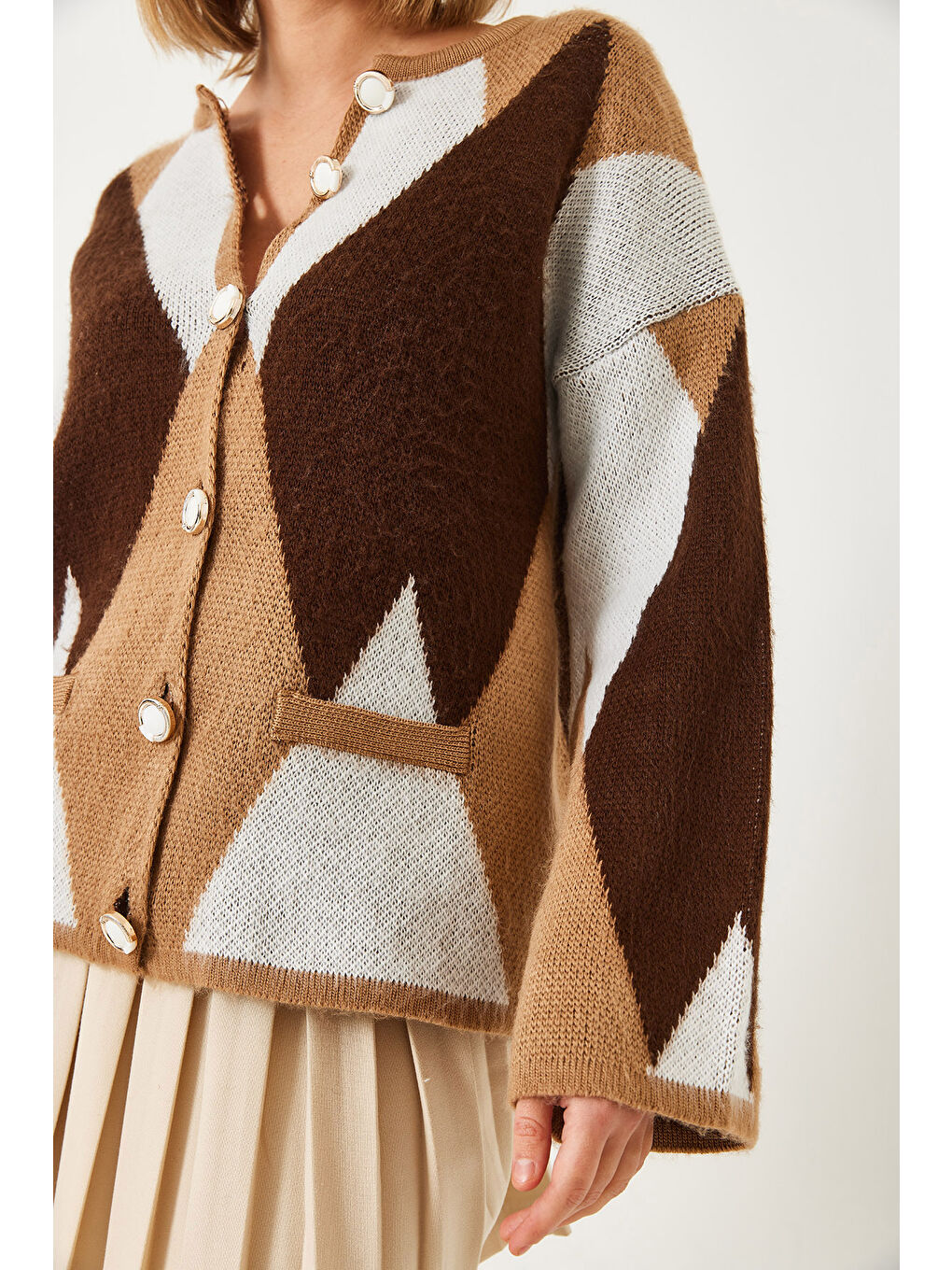 Kahverengi Kadın Baklava Desenli Oversize Triko Hırka-5