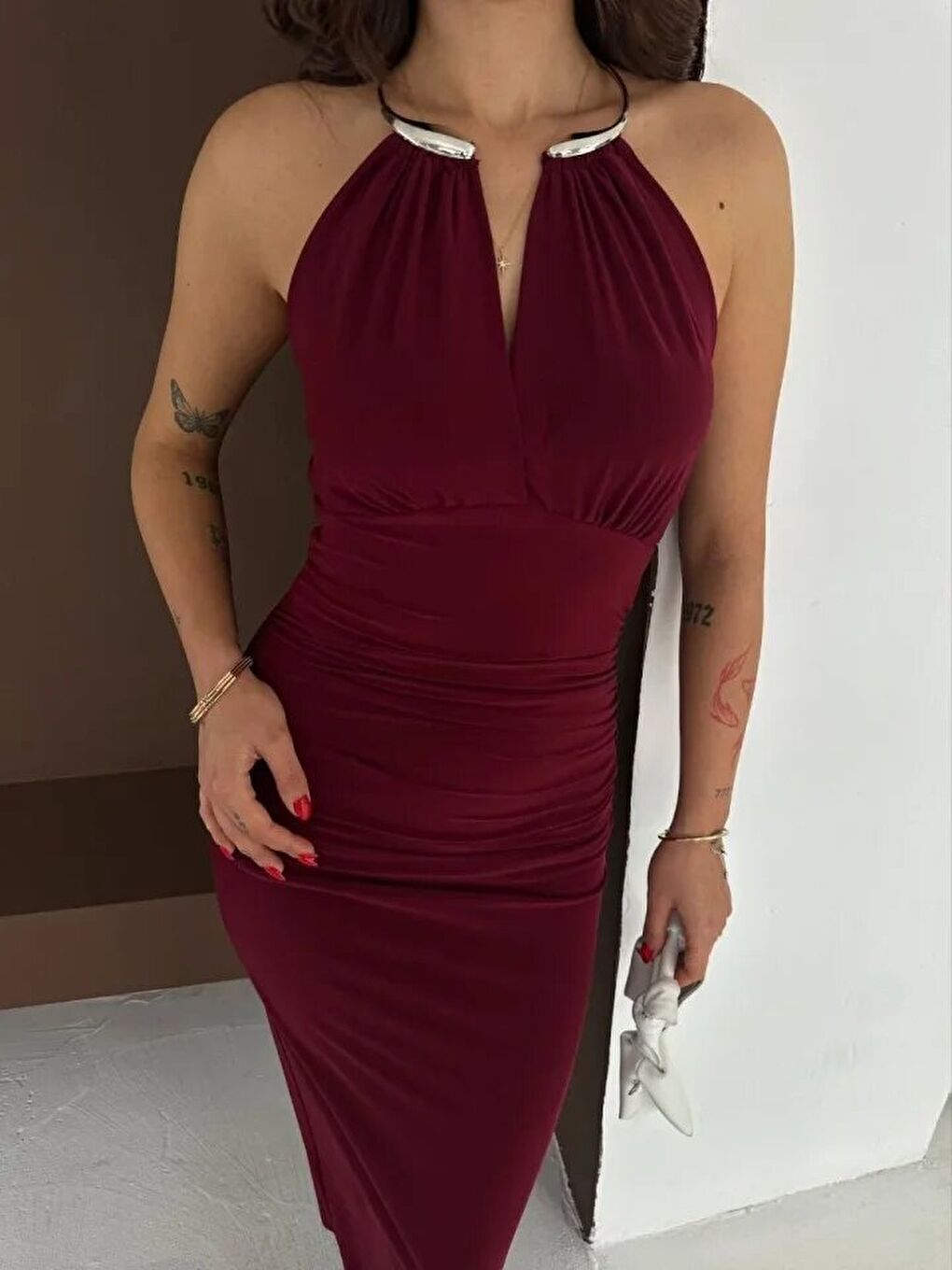 Uzun Abiye Elbise Yırtmaçlı Sırt Dekolteli Gece Elbisesi - Bordo-2