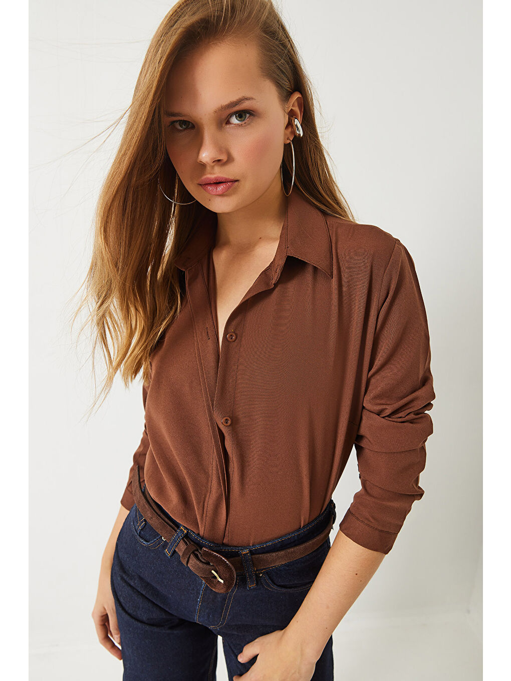 Kahverengi Kadın Regular Kalıp Basic Gömlek-3