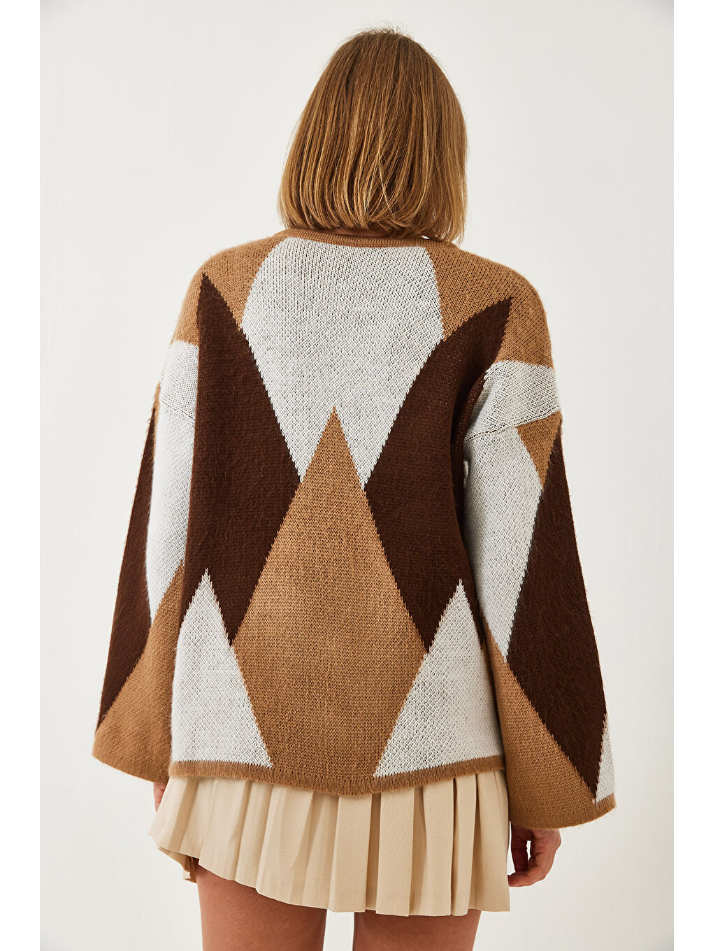 Kahverengi Kadın Baklava Desenli Oversize Triko Hırka-6