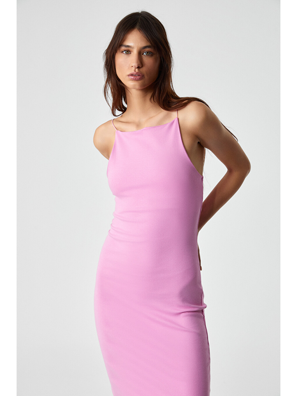 Havvolıne Kadın Bisiklet Yaka Slim Kolsuz Normal Paça Pembe Elbise-3