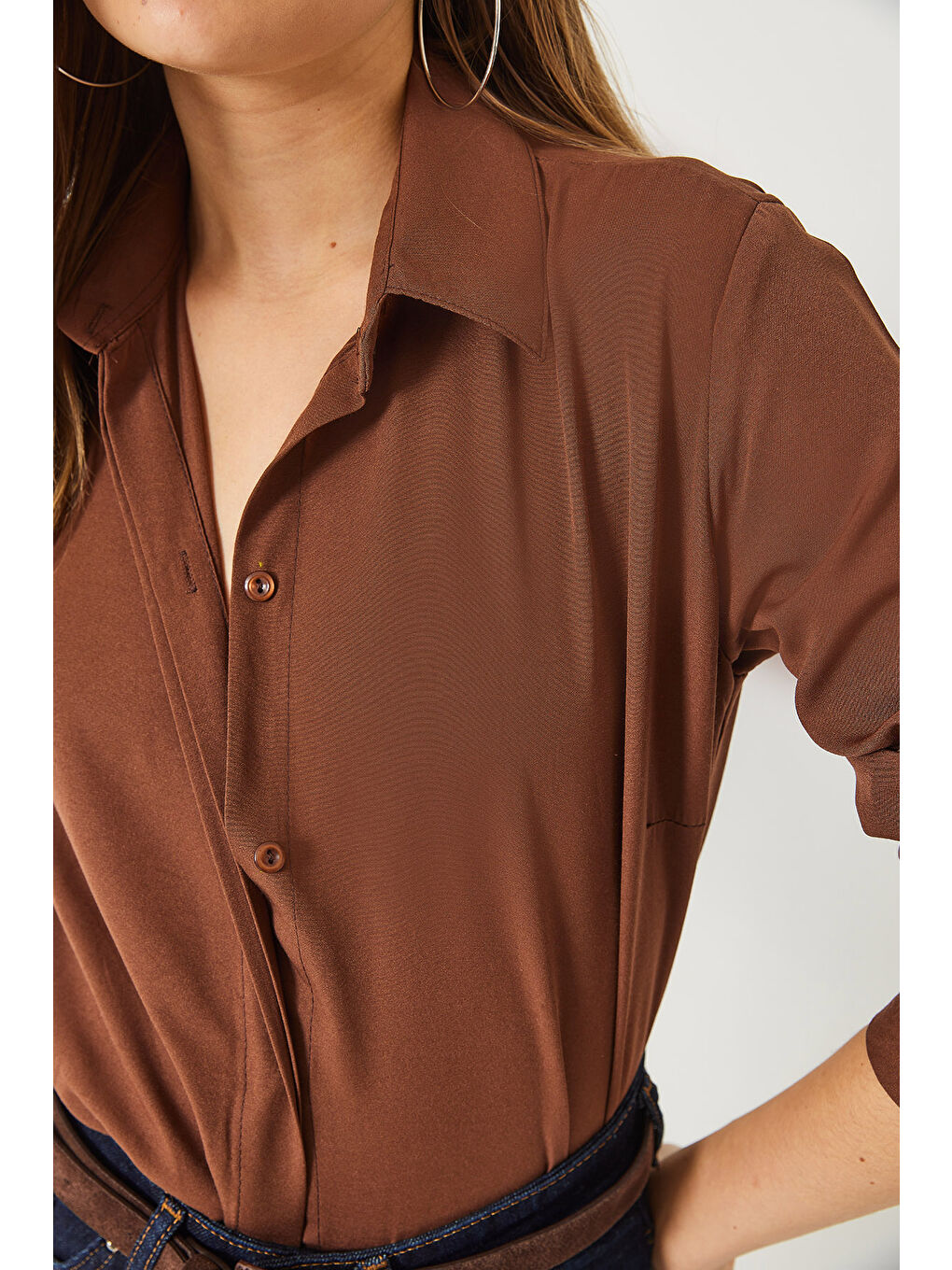 Kahverengi Kadın Regular Kalıp Basic Gömlek-4