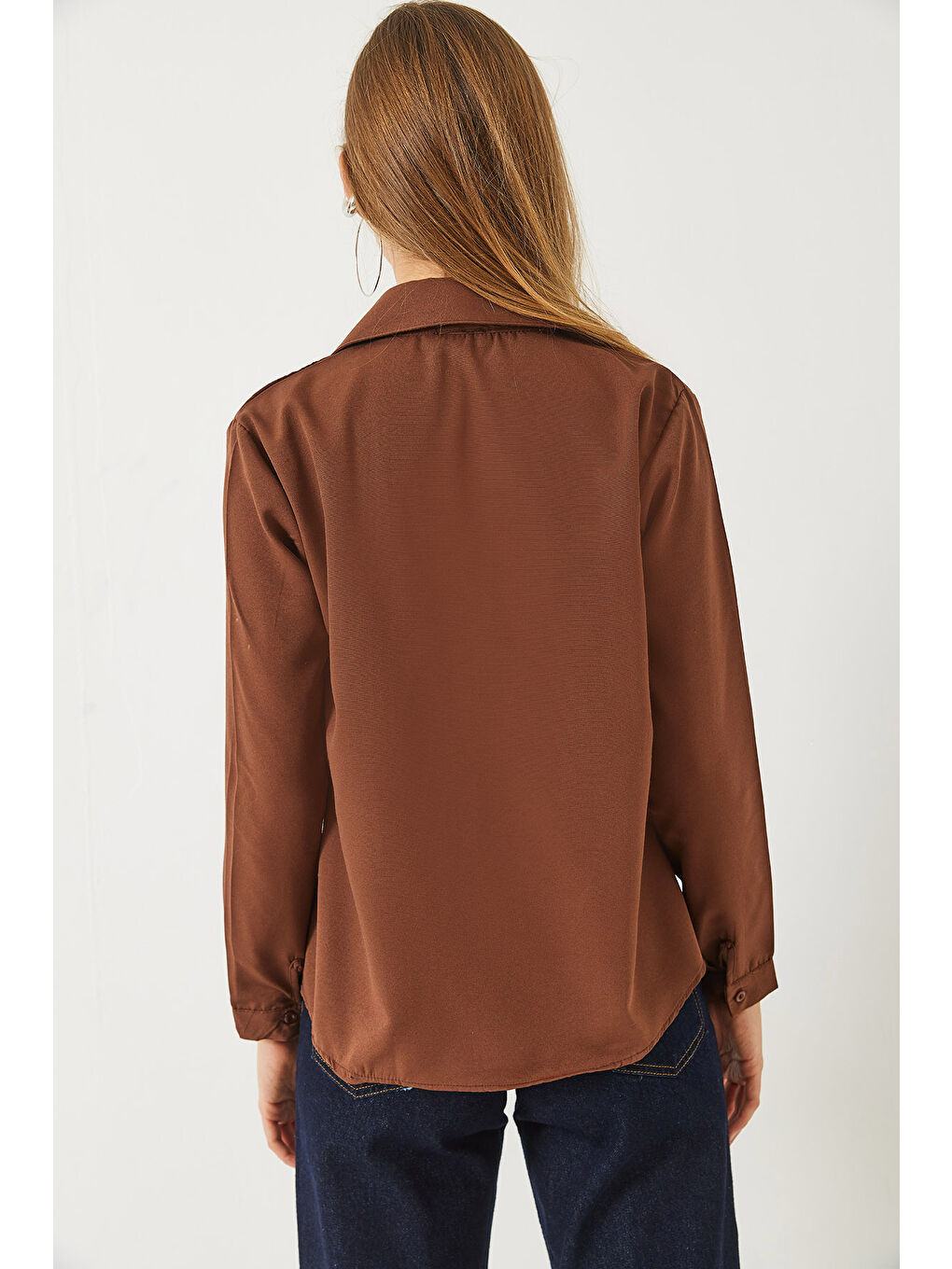 Kahverengi Kadın Regular Kalıp Basic Gömlek-5