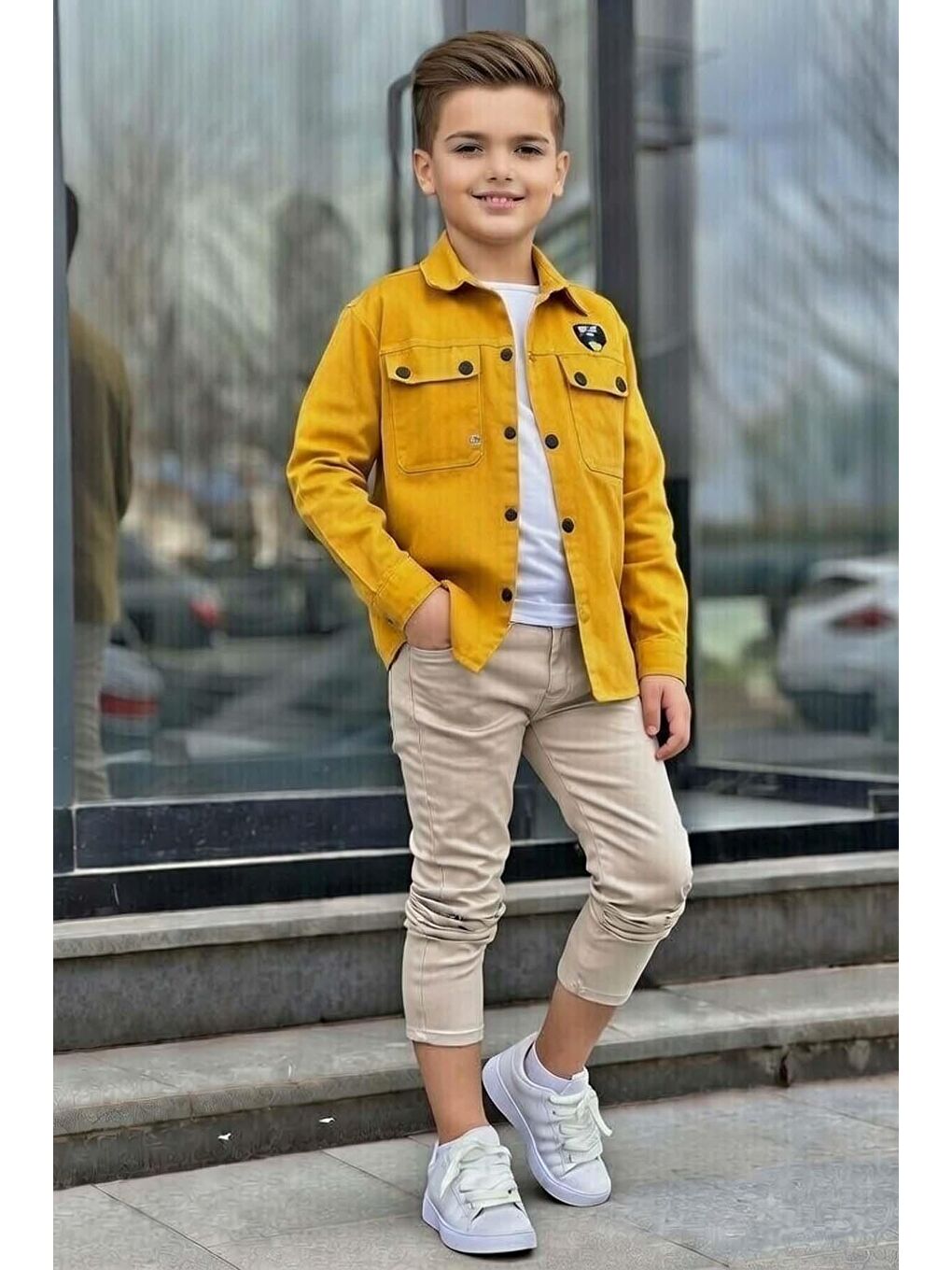 Erkek Çocuk Sırt Baskılı ÇıtÇıt Düğmeli Sarı Gömlek Dar Kesim Pantolon Alt Üst Takım-1
