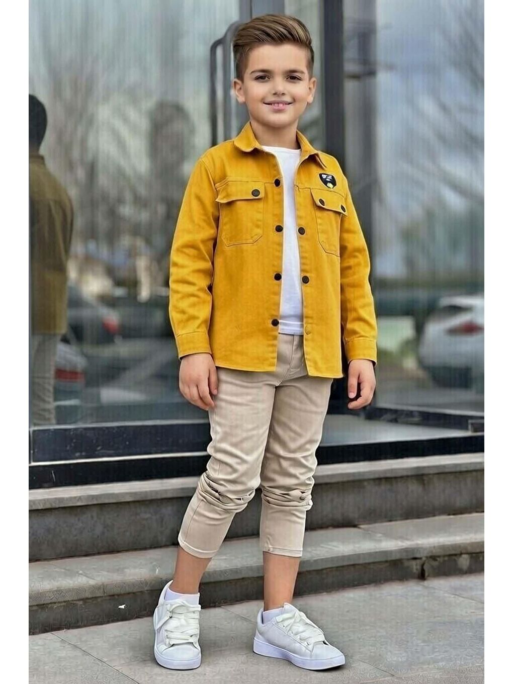 Erkek Çocuk Sırt Baskılı ÇıtÇıt Düğmeli Sarı Gömlek Dar Kesim Pantolon Alt Üst Takım-2