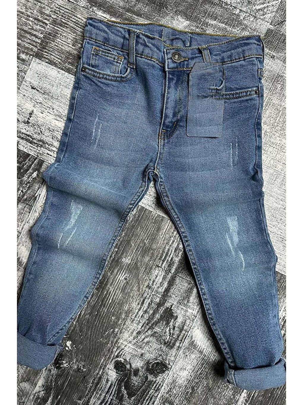 Riccotarz Ekru Erkek Çocuk Çizik Detaylı Likralı Jeans Dokuma Krem Gömlek Alt Üst Takım - 3