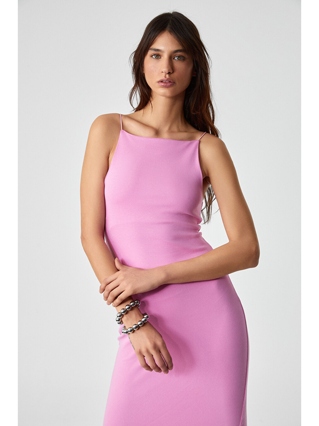 Havvolıne Kadın Bisiklet Yaka Slim Kolsuz Normal Paça Pembe Elbise-4