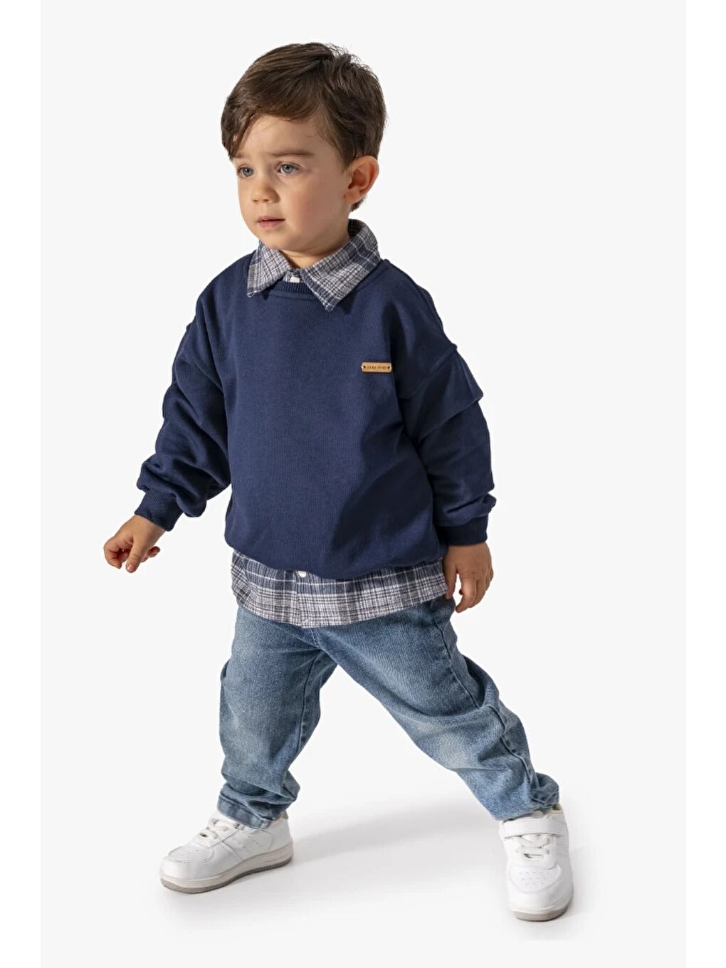 Lacivert Erkek Bebek Gömlek Sweatshirt ve Jean Pantolon 3'lü Takım 9064