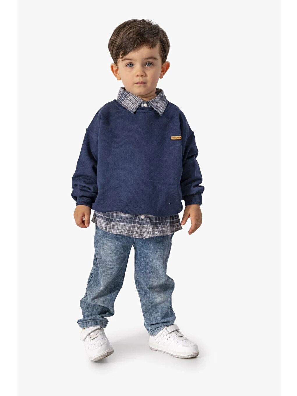 Lacivert Erkek Bebek Gömlek Sweatshirt ve Jean Pantolon 3'lü Takım 9064-1
