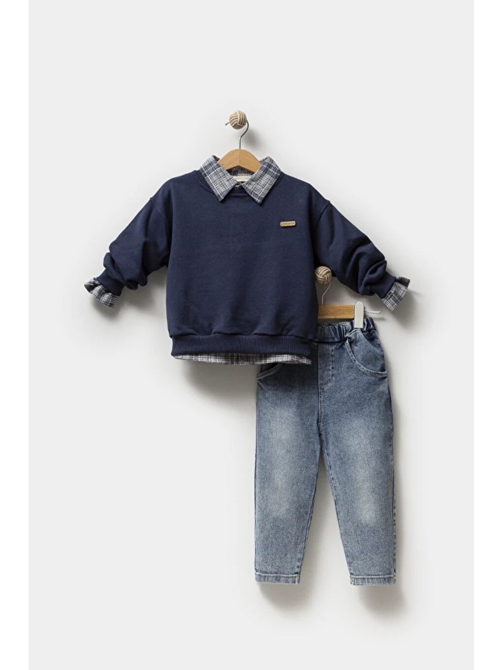 Lacivert Erkek Bebek Gömlek Sweatshirt ve Jean Pantolon 3'lü Takım 9064-4