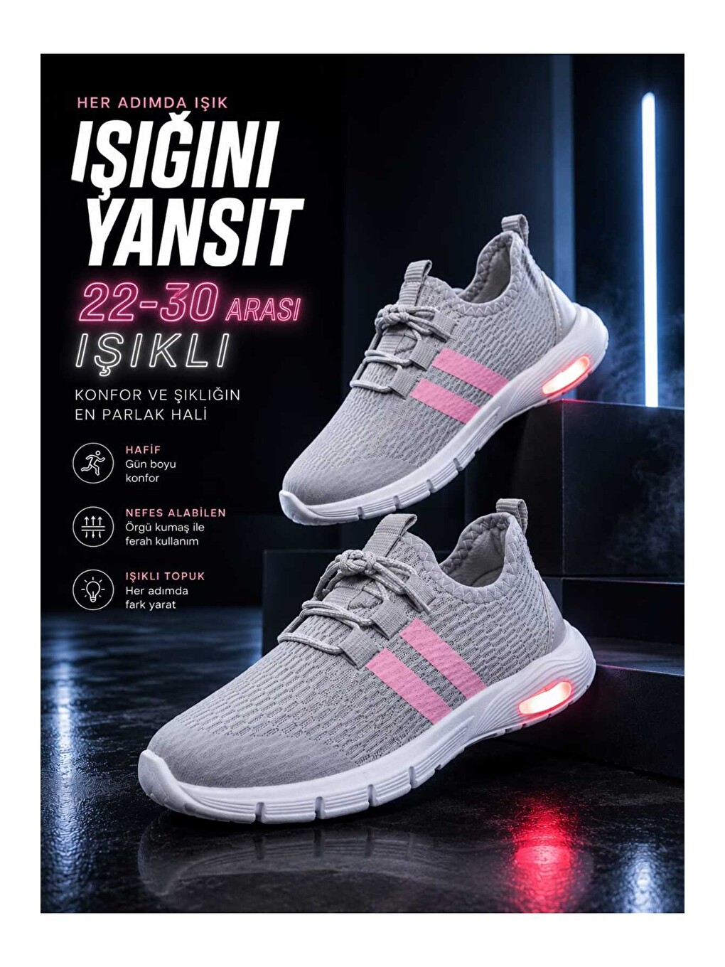 Gri Unisex Çocuk Işıklı Spor Ayakkabı Rahat Günlük Sneaker-1