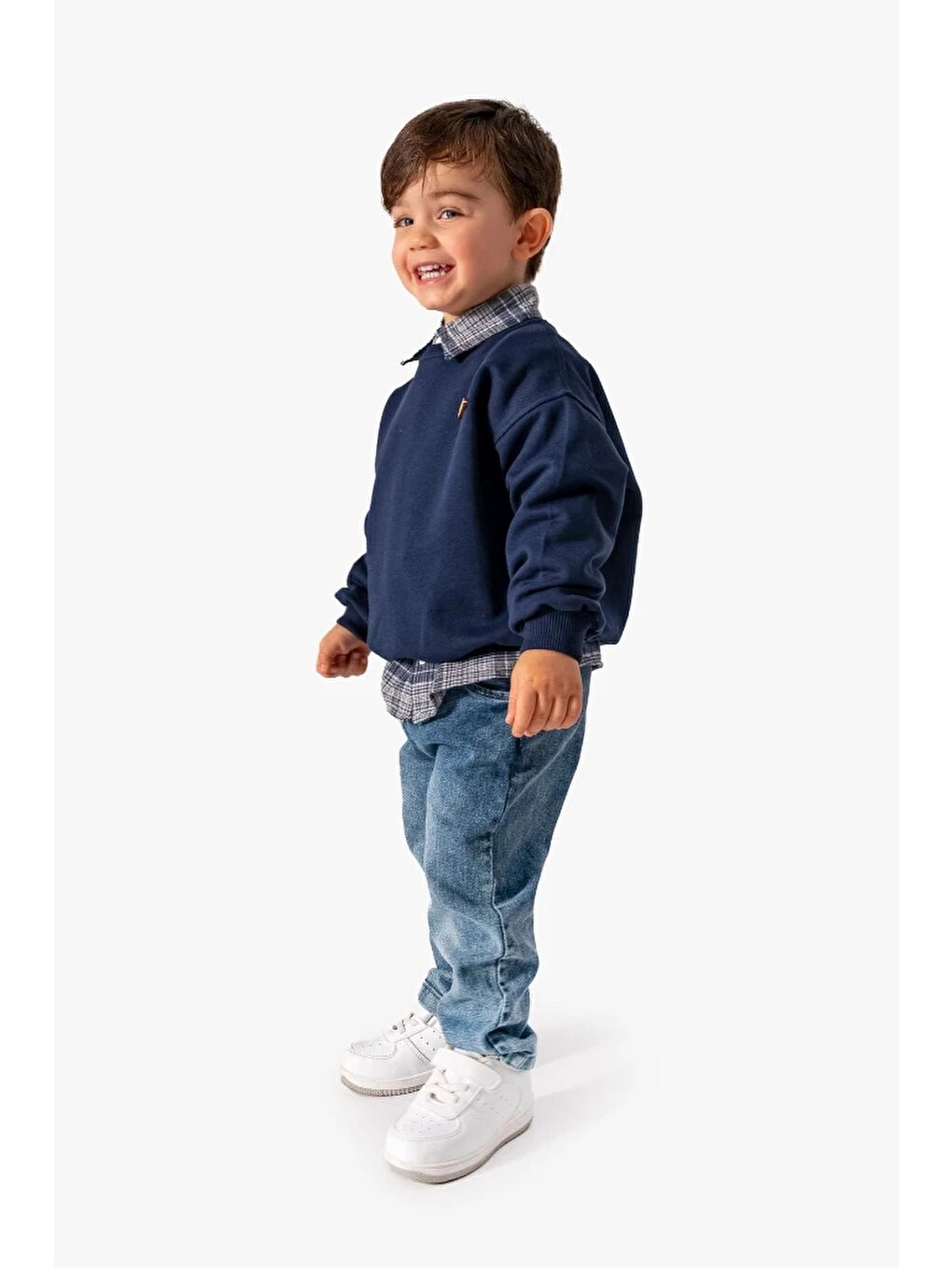 Lacivert Erkek Bebek Gömlek Sweatshirt ve Jean Pantolon 3'lü Takım 9064-9