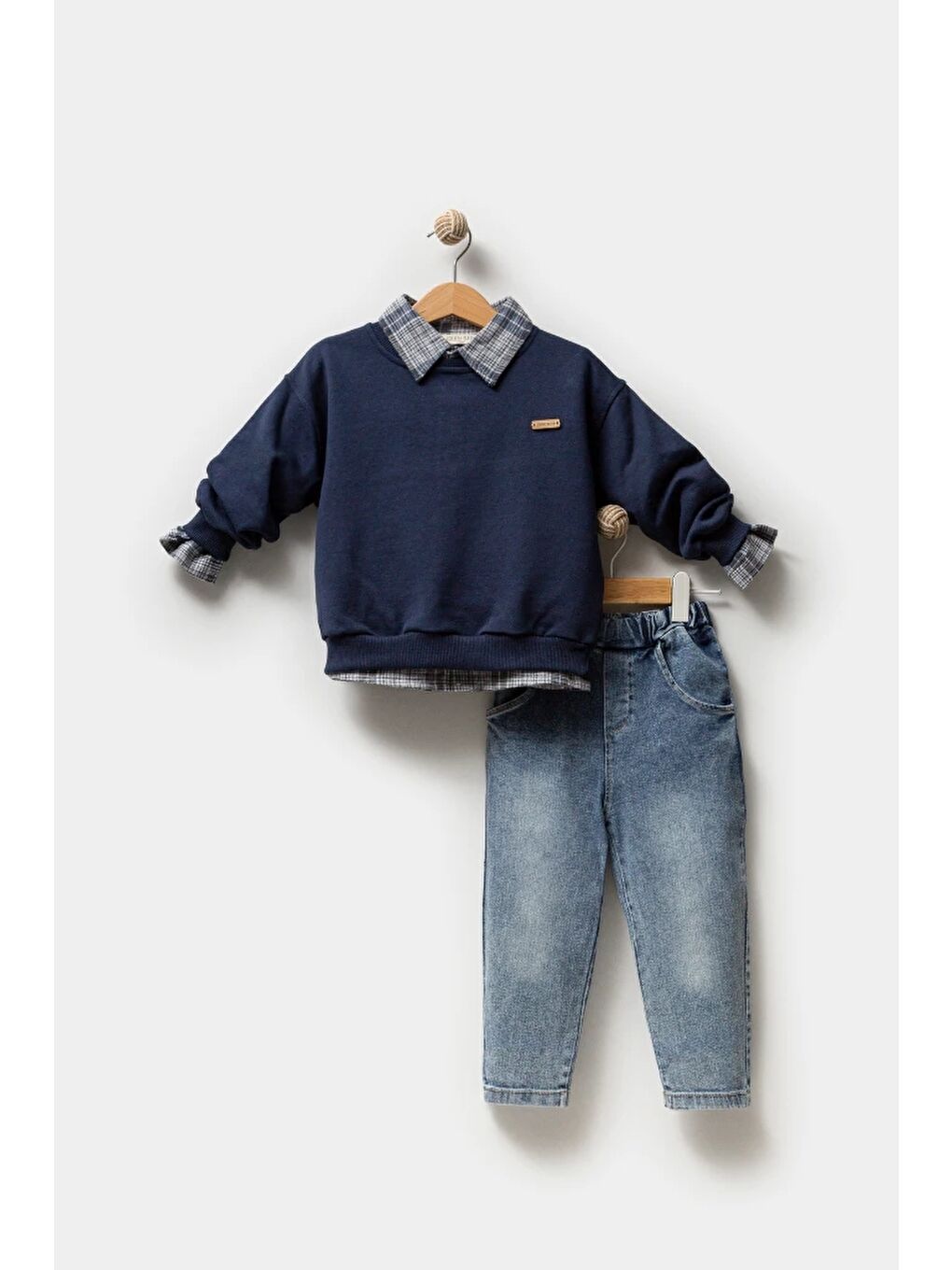 Lacivert Erkek Bebek Gömlek Sweatshirt ve Jean Pantolon 3'lü Takım 9064-10