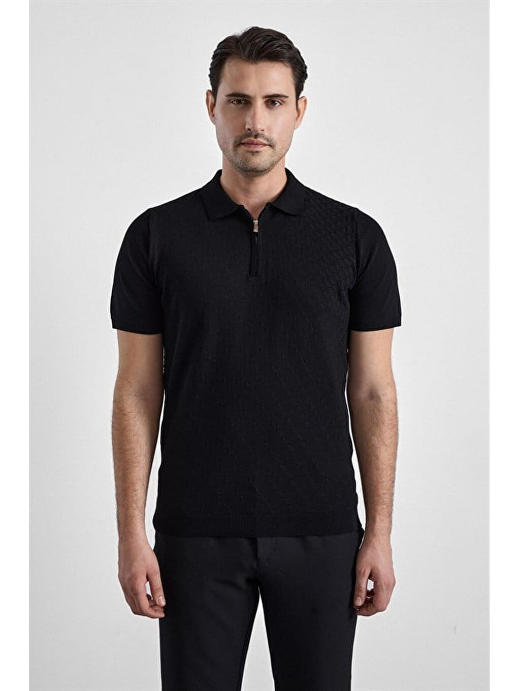 Siyah Regular Düz Fermuarlı Polo Yaka Kazak