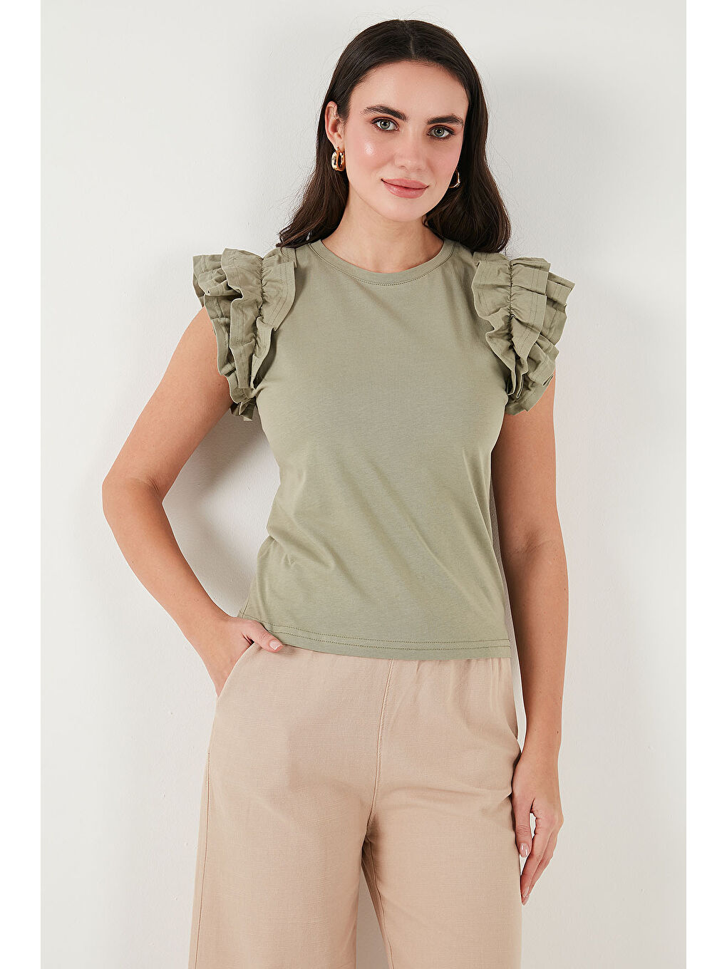 Yeşil Pamuklu Kolları Fırfırlı Slim Fit Bisiklet Yaka Kadın T Shirt 5864500-5