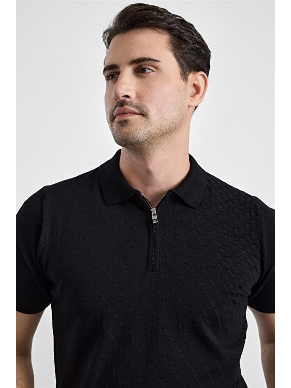 Siyah Regular Düz Fermuarlı Polo Yaka Kazak-1