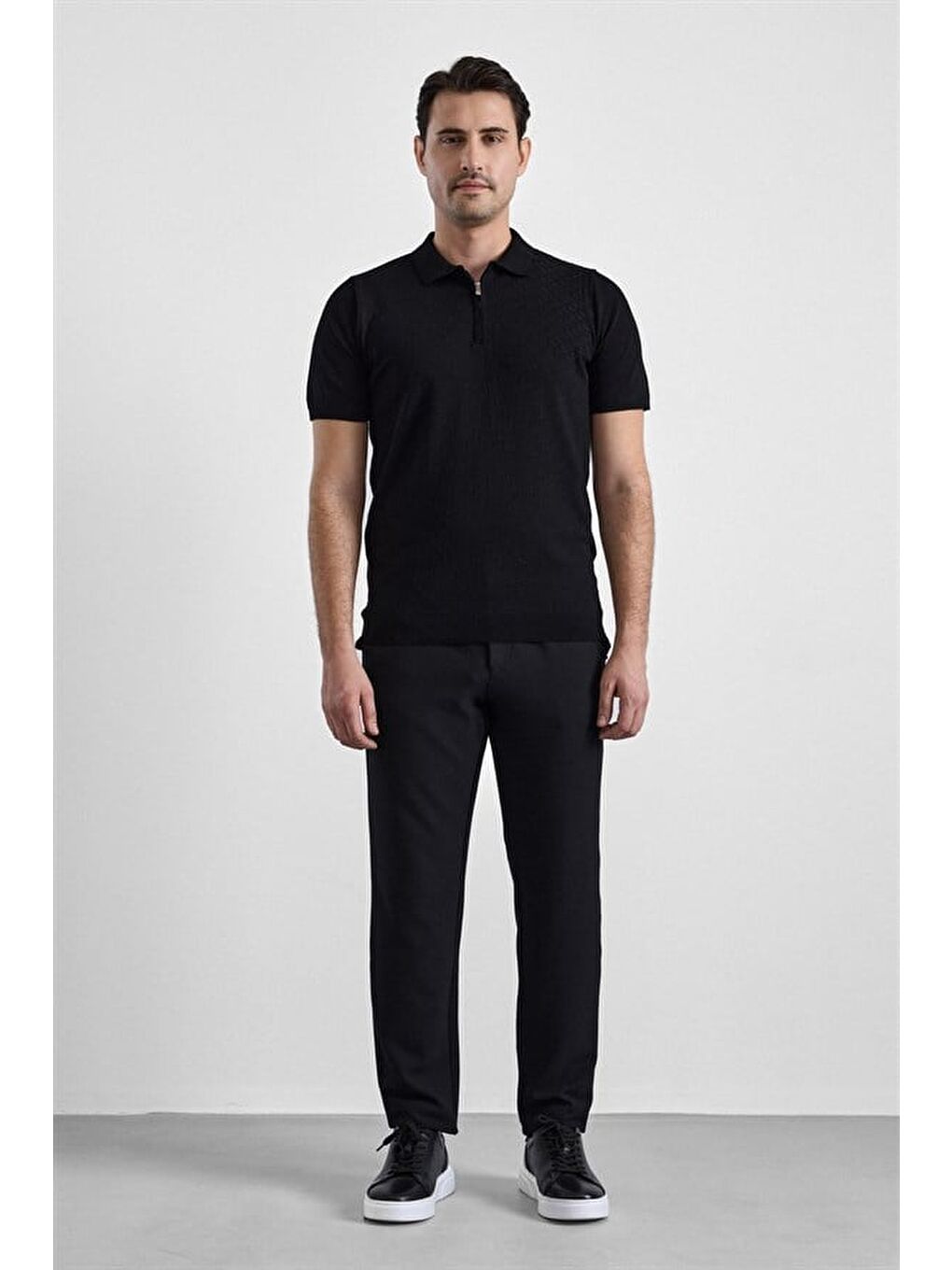 Siyah Regular Düz Fermuarlı Polo Yaka Kazak-3