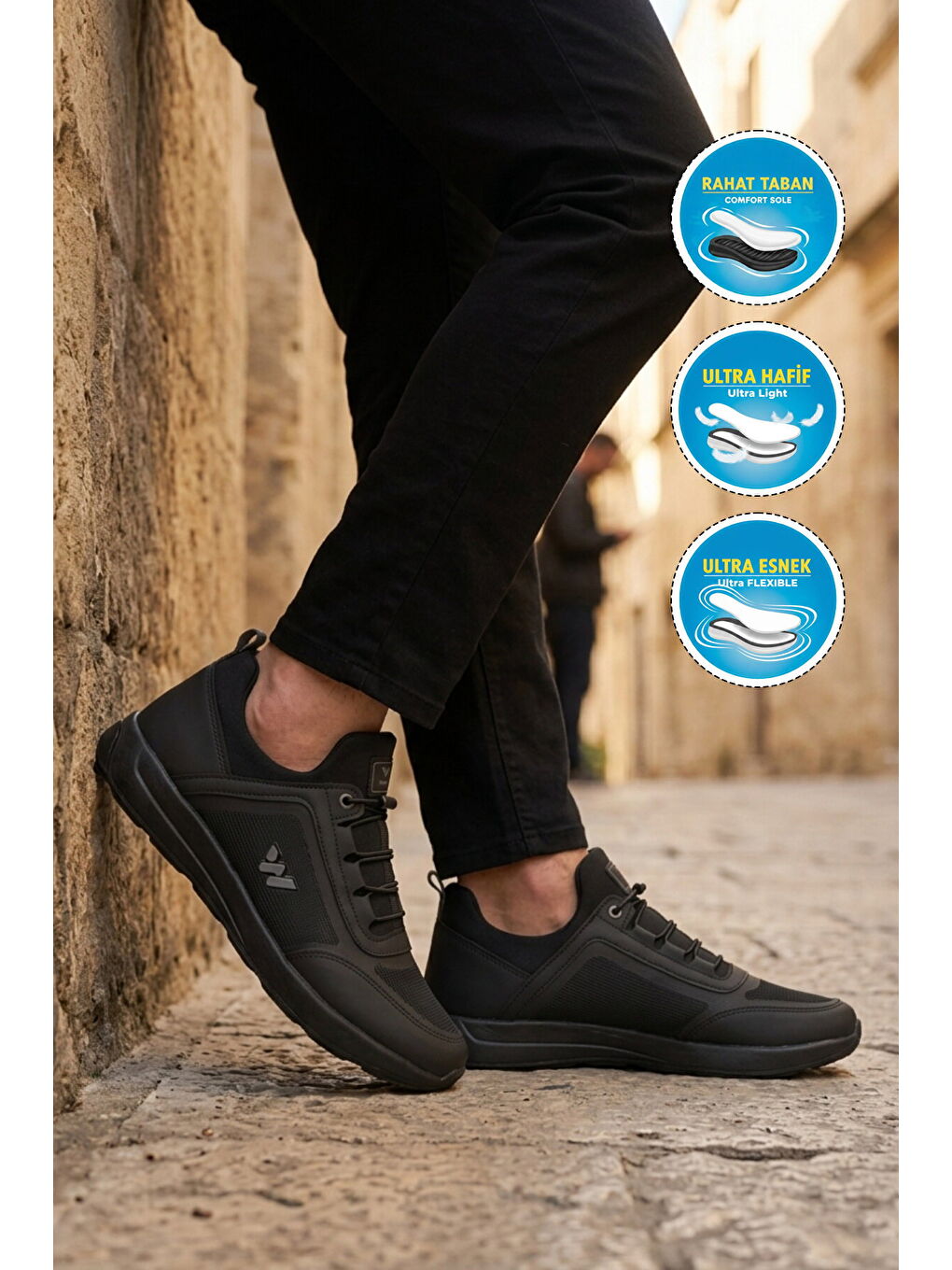 Siyah Hafif Esnek Kilit Bağcıklı Erkek Spor Ayakkabı Bertina M-2