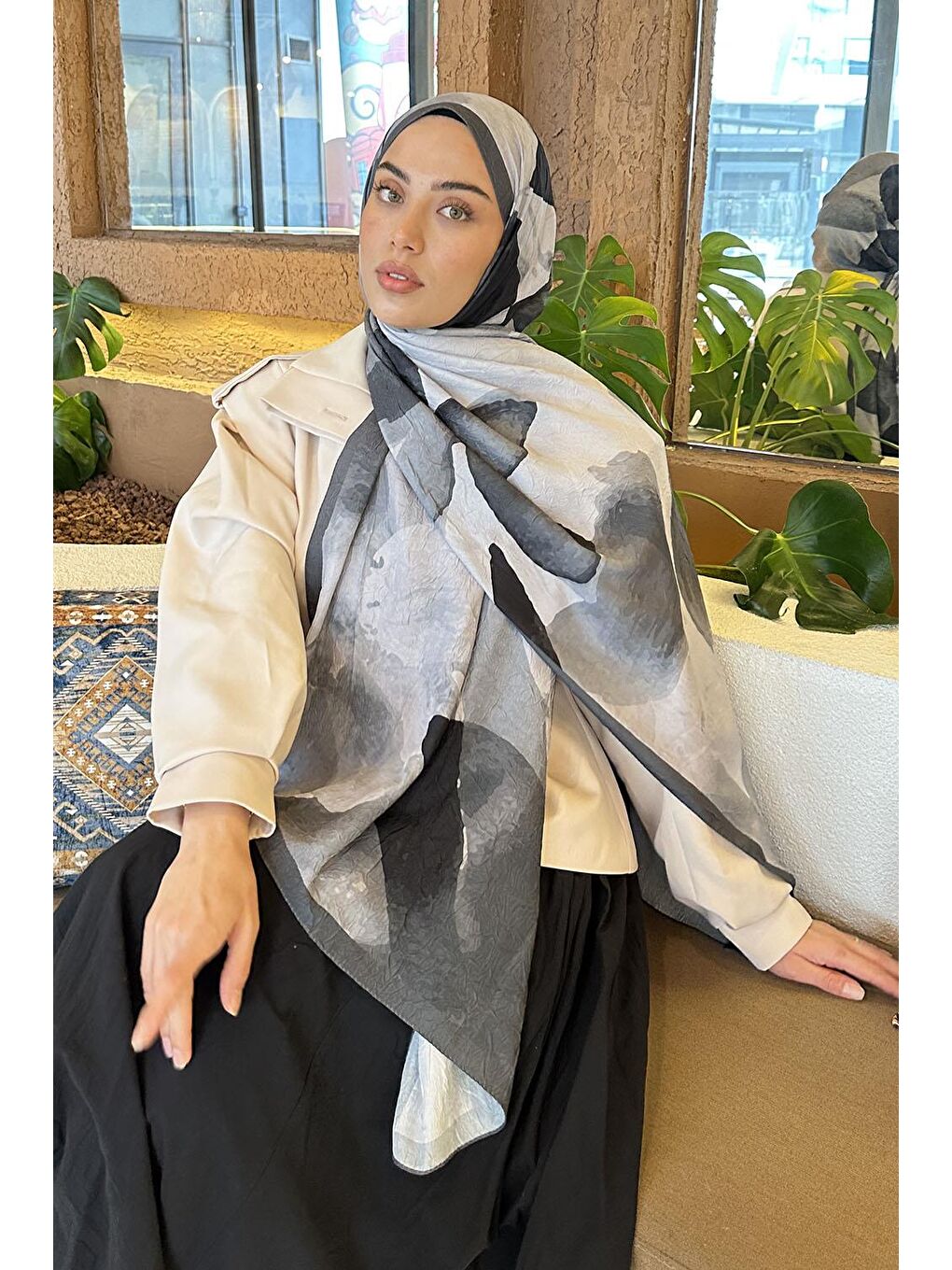 Yaprak Desen Bambu Şal Antrasit