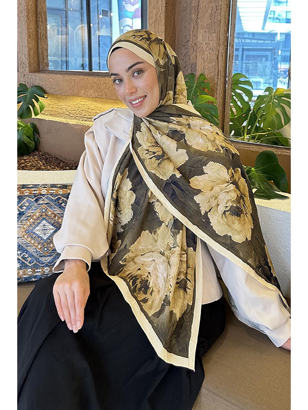 Flower Desen Bambu Şal Sarı-1