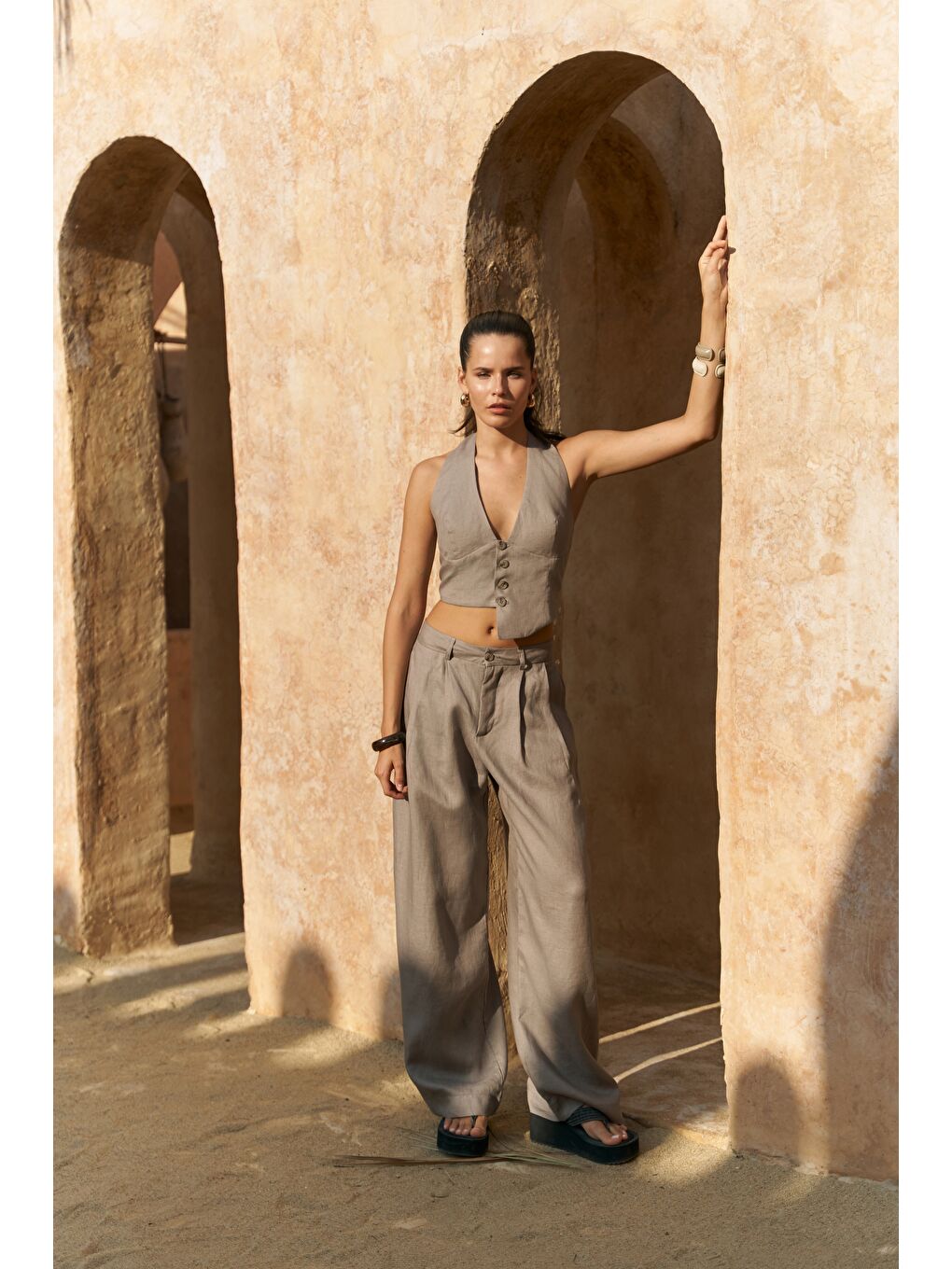 Gri Lvdovila Füme Keten Crop Yelek Pantolon Takım-1