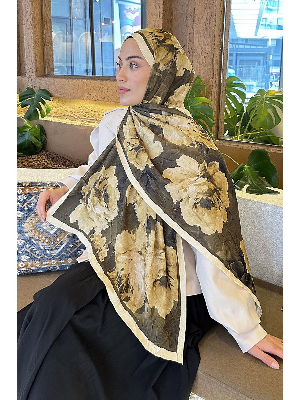 Flower Desen Bambu Şal Sarı-2