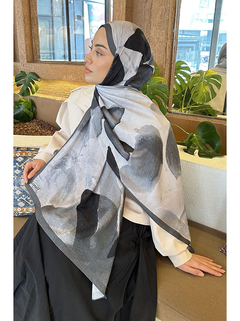 Yaprak Desen Bambu Şal Antrasit-2