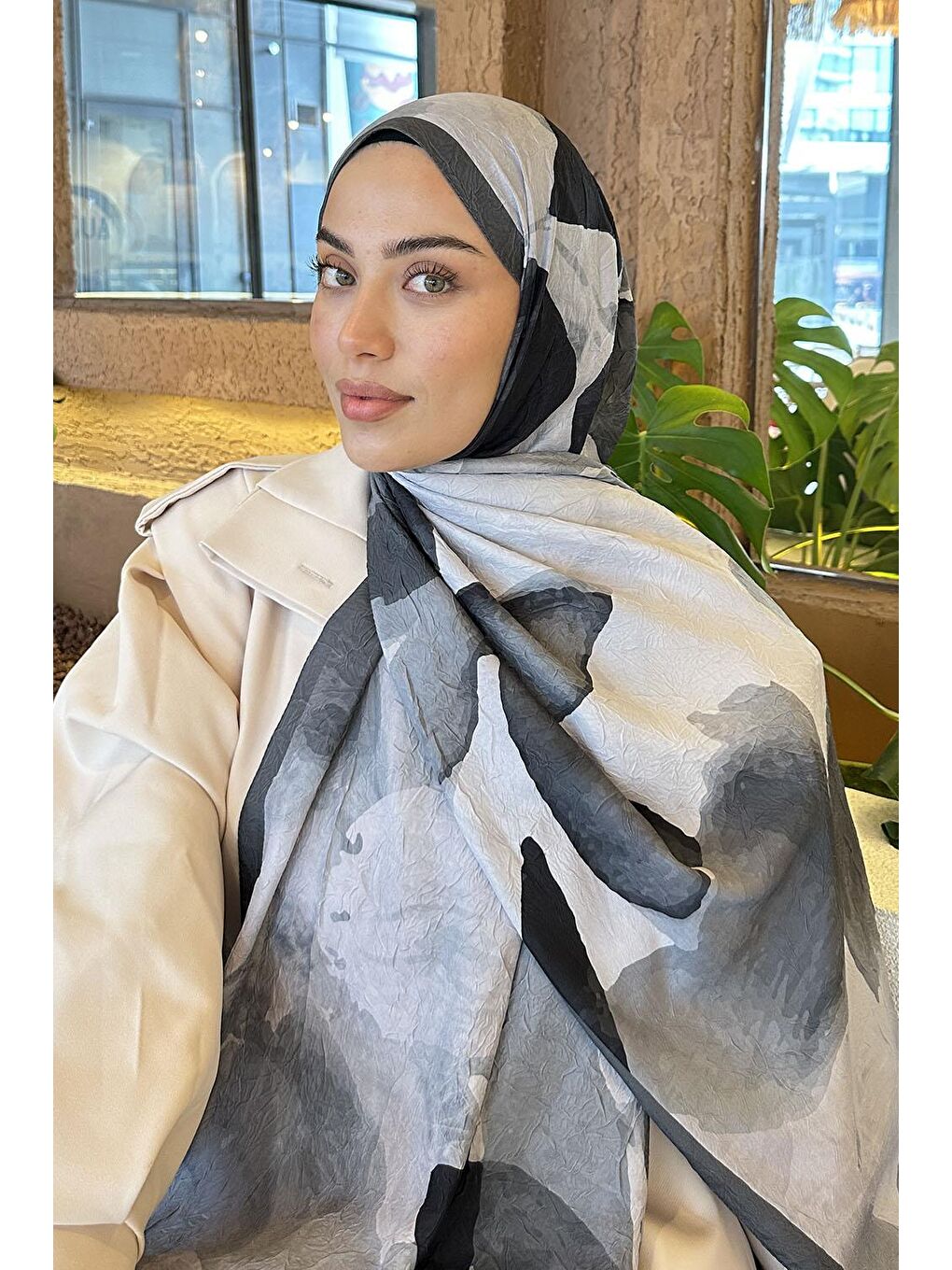 Yaprak Desen Bambu Şal Antrasit-3