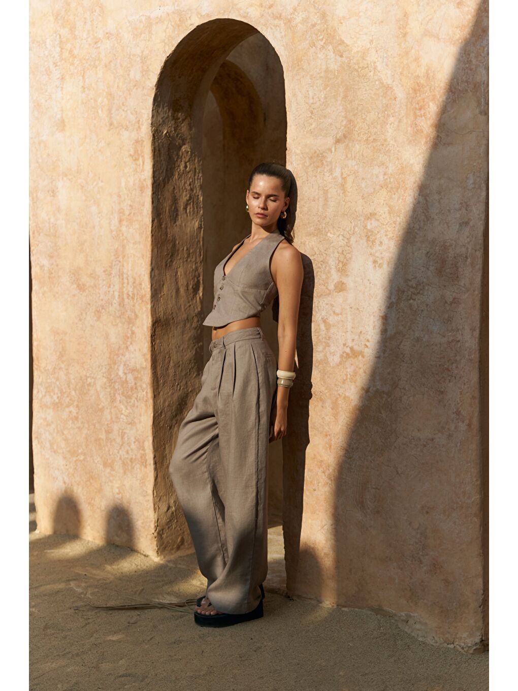 Gri Lvdovila Füme Keten Crop Yelek Pantolon Takım-2