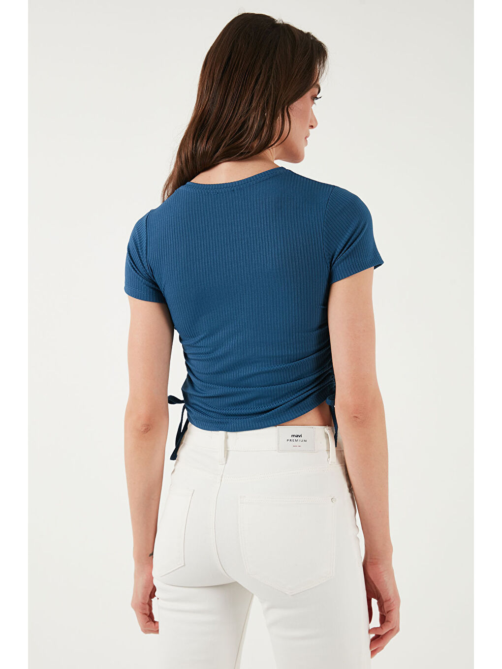 İndigo Yanlardan Büzgülü Kısa Kollu Crop Kadın Bluz 5864010-6