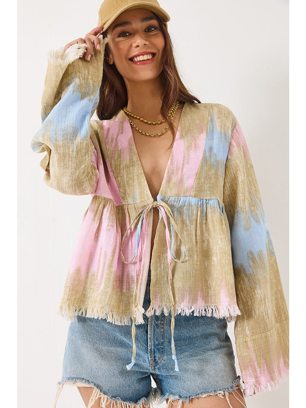 Bej Kadın V Yaka Renk Desenli Bağlama Detaylı Yumoş Müslin Kimono